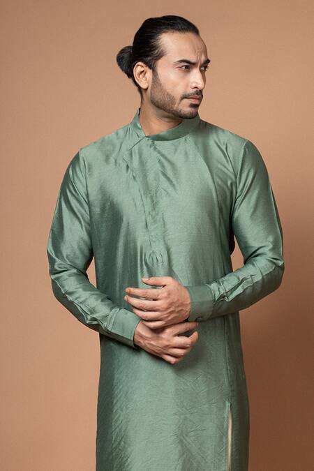 Buy_Priyanka Haralalka_Green Silk, Cotton Draped Kurta With Pyjama _Online_at_Aza_Fashions