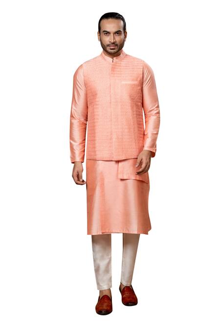 Priyanka Haralalka_Pink Cotton, Silk Zari Layered Kurta Set With Embroidered Bundi _at_Aza_Fashions
