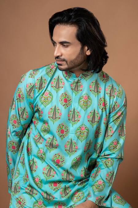 Shop_Priyanka Haralalka_Blue Crepe Leaf Print Kurta With Pyjama _Online_at_Aza_Fashions