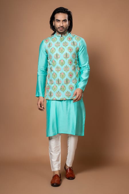 Priyanka Haralalka Blue Roman Silk Hand Embroidered Zardosi Appliqued Kurta Set With Bundi 