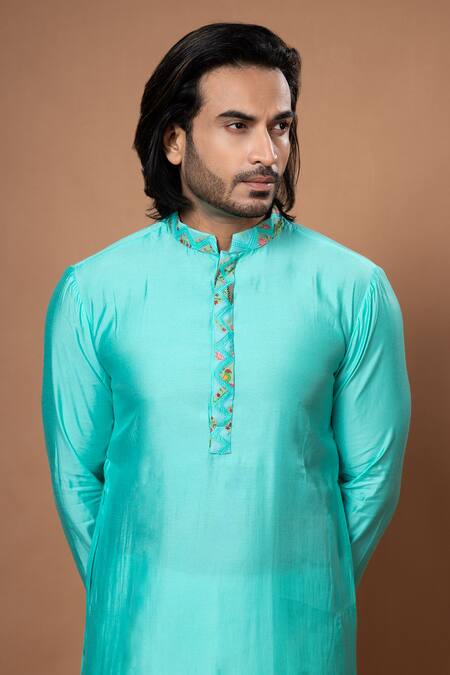 Buy_Priyanka Haralalka_Aqua Cotton, Silk Embroidery, Zari, Applique Hand Blue Kurta Set _Online_at_Aza_Fashions