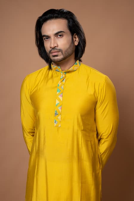 Priyanka Haralalka Yellow Cotton, Silk Embroidery, Applique Mustard Hand Kurta Set Online at Aza Fashions Priyanka Haralalka_Yellow Cotton, Silk Embroidery, Applique Mustard Hand Kurta Set _Online_at_Aza_Fashions