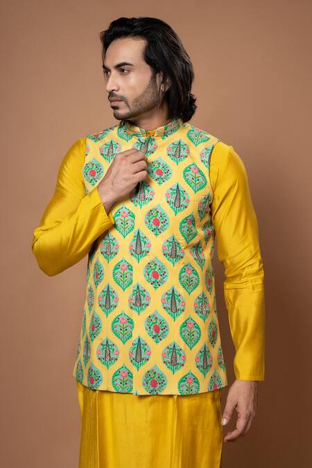 Buy_Priyanka Haralalka_Yellow Cotton, Silk, Crepe Embroidery Leaf Printed Zardosi Bundi _Online_at_Aza_Fashions
