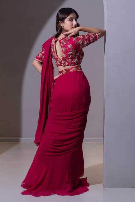 Dajwaree_Pink Organza, Georgette Beads, Zari, Sequins, Lotus Pre-draped Ruffle Saree Set _Online_at_Aza_Fashions