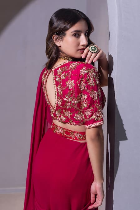 Buy_Dajwaree_Pink Organza, Georgette Beads, Zari, Sequins, Lotus Pre-draped Ruffle Saree Set _Online_at_Aza_Fashions
