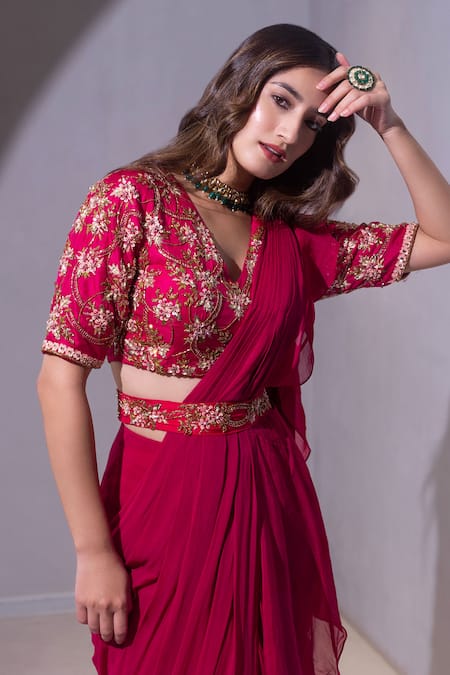 Shop_Dajwaree_Pink Organza, Georgette Beads, Zari, Sequins, Lotus Pre-draped Ruffle Saree Set _Online_at_Aza_Fashions