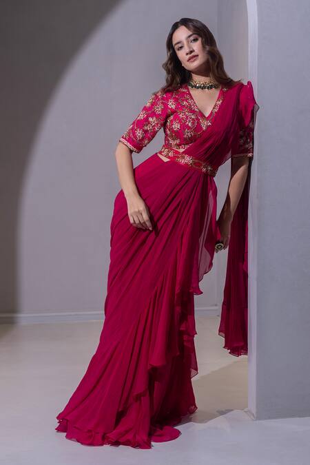 Dajwaree_Pink Organza, Georgette Beads, Zari, Sequins, Lotus Pre-draped Ruffle Saree Set _at_Aza_Fashions