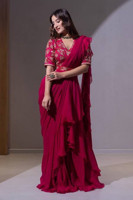 Buy_Dajwaree_Pink Organza, Georgette Beads, Zari, Sequins, Lotus Pre-draped Ruffle Saree Set 