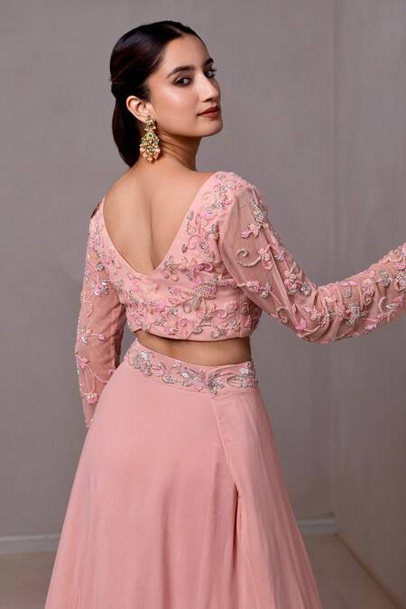 Dajwaree_Peach Organza, Georgette, Net Cut Work, Pearls, Tiffany Layered Lehenga Set _Online_at_Aza_Fashions