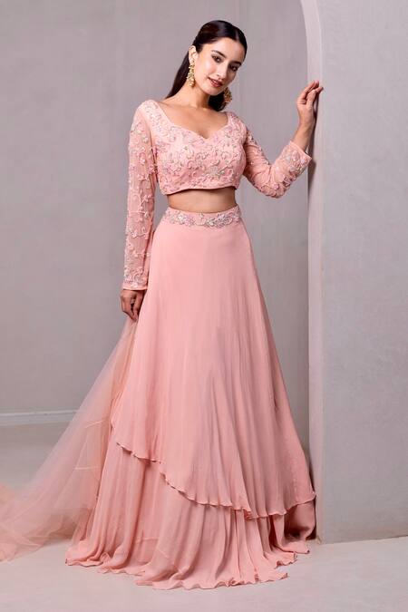 Buy_Dajwaree_Peach Organza, Georgette, Net Cut Work, Pearls, Tiffany Layered Lehenga Set _Online_at_Aza_Fashions