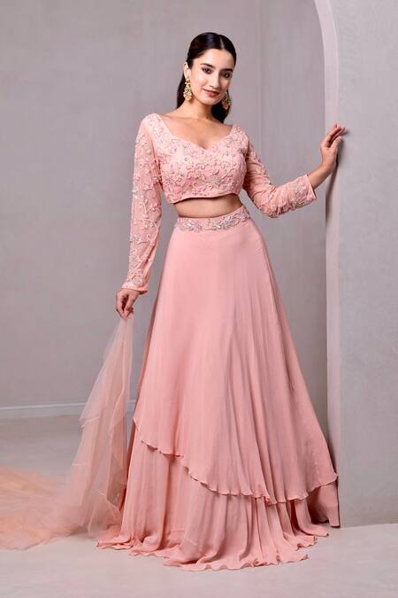 Shop_Dajwaree_Peach Organza, Georgette, Net Cut Work, Pearls, Tiffany Layered Lehenga Set _Online_at_Aza_Fashions