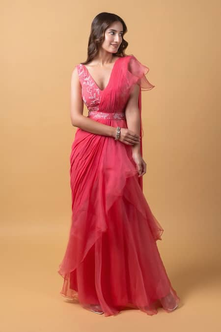 Dajwaree Pink Organza Embroidered Cutdana V-neck Beatrice Pre-draped Ruffle Saree Set 