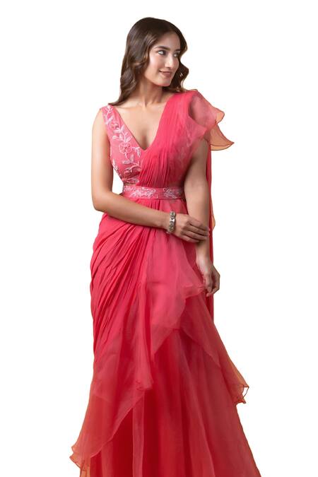Buy_Dajwaree_Pink Organza, Georgette Cut Work, Beatrice Pre-draped Ruffle Saree Set _Online_at_Aza_Fashions