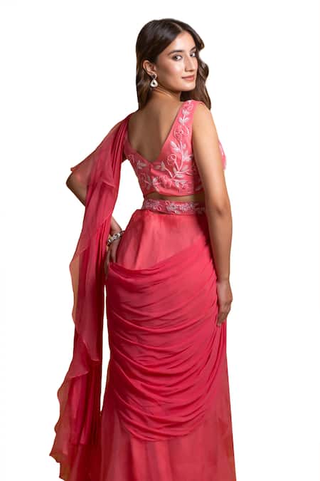 Dajwaree_Pink Organza, Georgette Cut Work, Beatrice Pre-draped Ruffle Saree Set _at_Aza_Fashions
