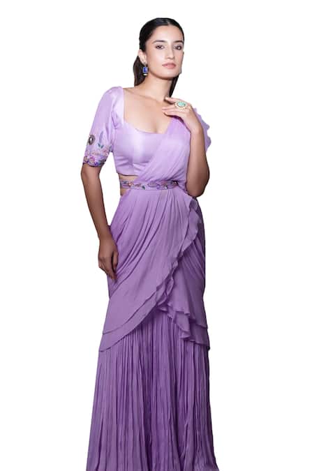 Dajwaree_Purple Chinnon Crepe Embroidered Cutdana Scoop Plain Pre-draped Gathered Saree _at_Aza_Fashions