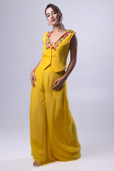 Shop_Dajwaree_Yellow Organza Embroidery V-neck Daisy Top With Pant _at_Aza_Fashions