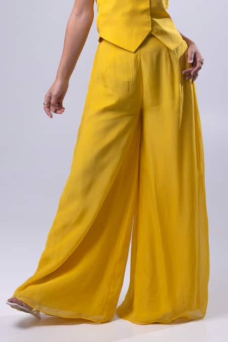 Shop_Dajwaree_Yellow Organza Embroidery V-neck Daisy Top With Pant _Online_at_Aza_Fashions