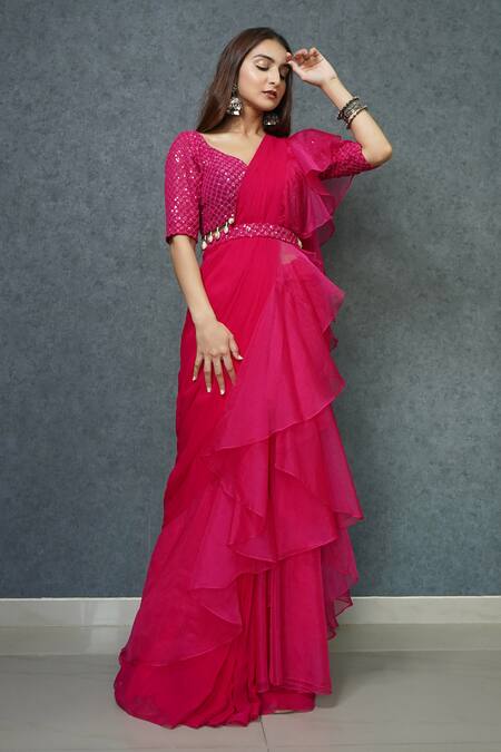 Buy_Dajwaree_Fuchsia Organza Embroidered Sequin Leaf Pre-draped Ruffle Saree _Online_at_Aza_Fashions