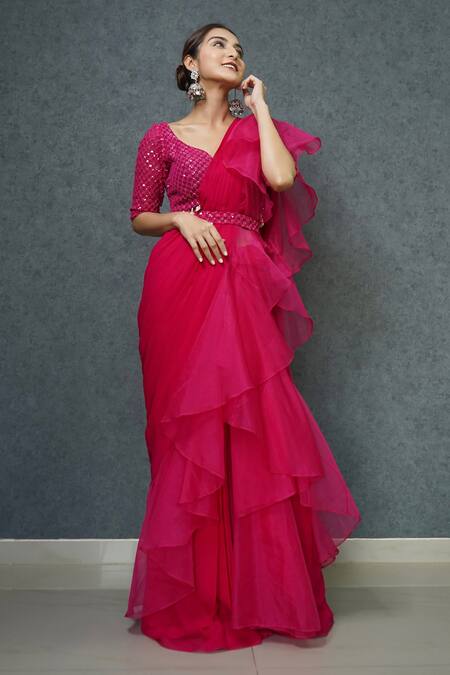 Dajwaree_Fuchsia Organza Embroidered Sequin Leaf Pre-draped Ruffle Saree _at_Aza_Fashions