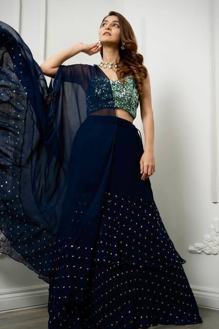 Dajwaree_Blue Georgette Sequins, Embroidery Sweetheart Neck Atasi Ruffle Lehenga Set _Online_at_Aza_Fashions