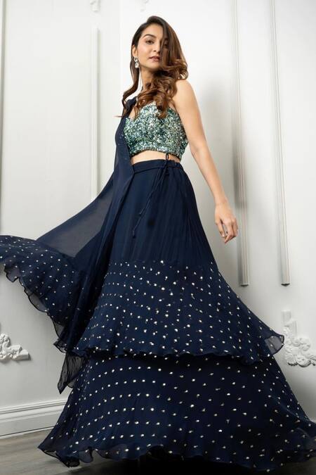 Shop_Dajwaree_Blue Georgette Sequins, Embroidery Sweetheart Neck Atasi Ruffle Lehenga Set _Online_at_Aza_Fashions