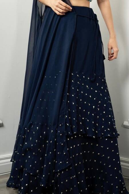 Dajwaree_Blue Georgette Sequins, Embroidery Sweetheart Neck Atasi Ruffle Lehenga Set _at_Aza_Fashions