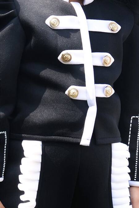 Toplove Black Neoprene, Cotton Cut Work, Ruffles Boss Girl Embroidered Jacket And Pant Set Online at Aza Fashions Toplove_Black Neoprene, Cotton Cut Work, Ruffles Boss Girl Embroidered Jacket And Pant Set _Online_at_Aza_Fashions