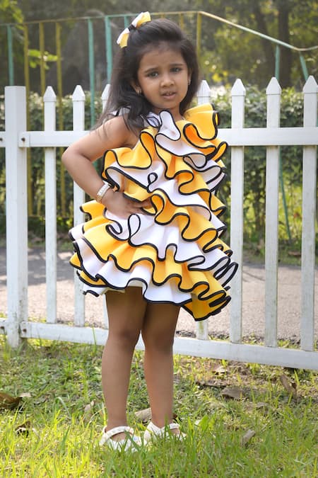 Toplove_Yellow Cotton, Neoprene Ruffle Dress _Online_at_Aza_Fashions