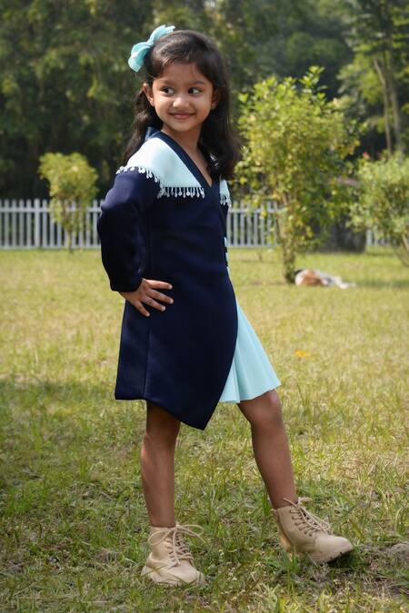 Buy_Toplove_Blue Cotton, Neoprene Tassels Wrap Power Blazer Dress _Online_at_Aza_Fashions