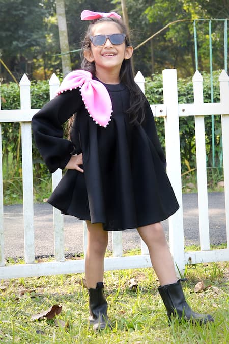 Shop Toplove Black Cotton, Neoprene Pearls Bow Embellished Dress at Aza Fashions Shop_Toplove_Black Cotton, Neoprene Pearls Bow Embellished Dress _at_Aza_Fashions