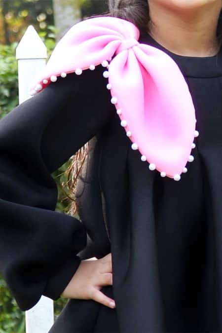 Toplove Black Cotton, Neoprene Pearls Bow Embellished Dress Online at Aza Fashions Toplove_Black Cotton, Neoprene Pearls Bow Embellished Dress _Online_at_Aza_Fashions