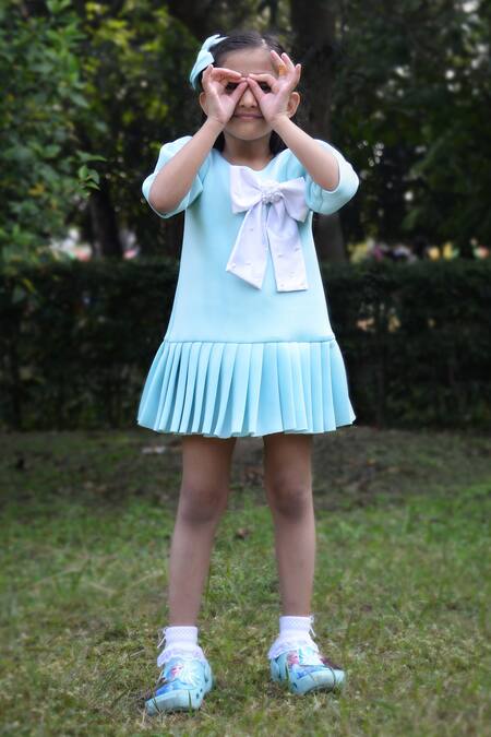 Toplove_Blue Satin, Cotton, Neoprene Crystals Bow Embellished Dress _Online_at_Aza_Fashions