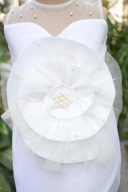 Toplove_White Cotton, Polyester Pearls, Applique Tulip Flower Embellished Dress _Online_at_Aza_Fashions