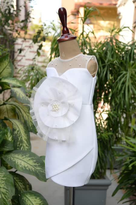 Buy_Toplove_White Cotton, Polyester Pearls, Applique Tulip Flower Embellished Dress _Online_at_Aza_Fashions