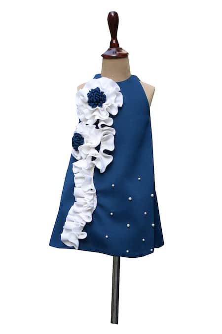 Toplove_Blue Cotton, Neoprene Sequins 3d Flower Embellished Dress _Online_at_Aza_Fashions