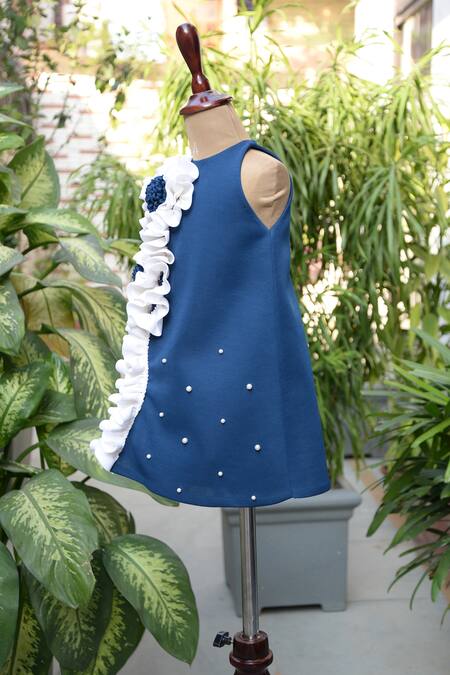 Buy_Toplove_Blue Cotton, Neoprene Sequins 3d Flower Embellished Dress _Online_at_Aza_Fashions