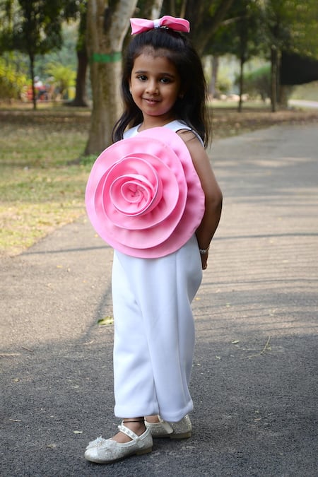 Shop Toplove White Neoprene, Cotton Fabric Flowers 3d Embellished Jumpsuit at Aza Fashions Shop_Toplove_White Neoprene, Cotton Fabric Flowers 3d Embellished Jumpsuit _at_Aza_Fashions