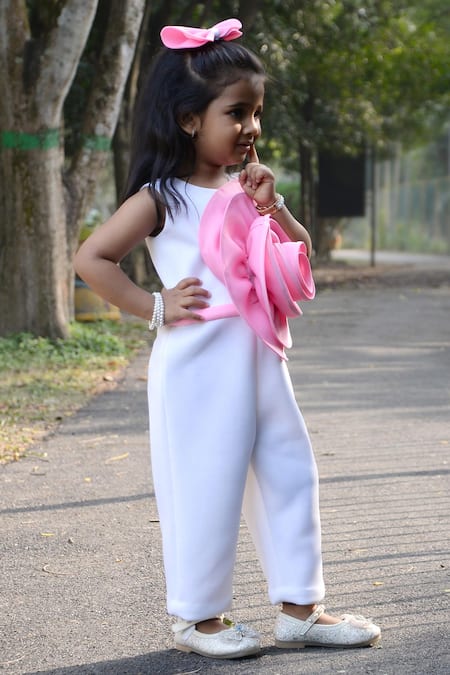 Toplove White Neoprene, Cotton Fabric Flowers 3d Embellished Jumpsuit at Aza Fashions Toplove_White Neoprene, Cotton Fabric Flowers 3d Embellished Jumpsuit _at_Aza_Fashions