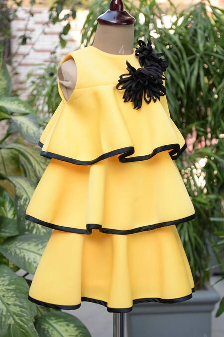 Toplove_Yellow Cotton, Neoprene Applique Sunflower Layered Dress _Online_at_Aza_Fashions