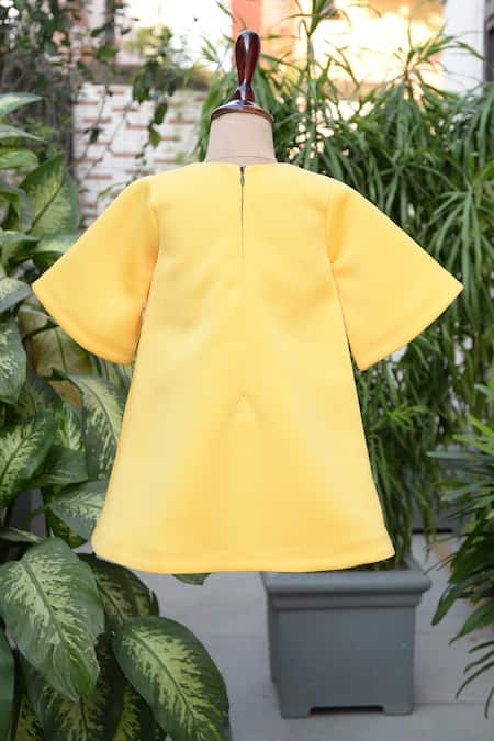 Shop_Toplove_Yellow Cotton, Neoprene Feathers, Cut Work, Beads Daffodil Embellished Dress _at_Aza_Fashions