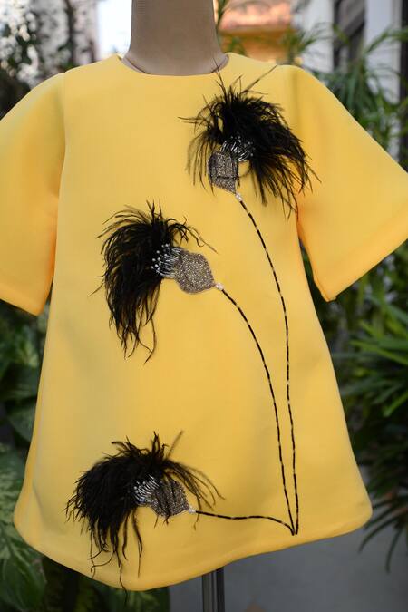 Toplove_Yellow Cotton, Neoprene Feathers, Cut Work, Beads Daffodil Embellished Dress _Online_at_Aza_Fashions