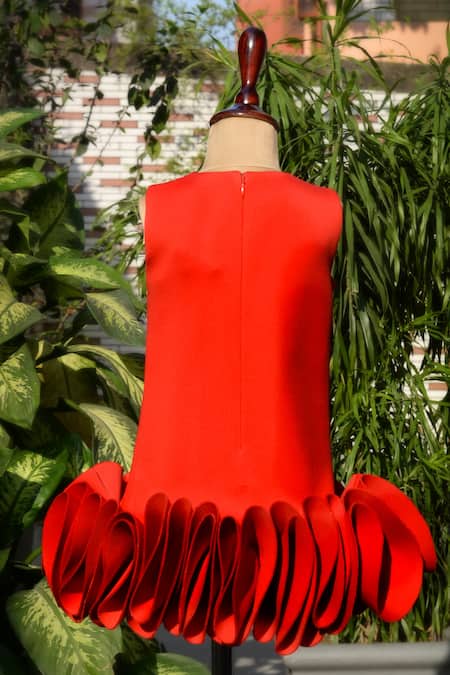 Shop Toplove Red Neoprene, Cotton Sequins Cherry A-line Ruffle Dress at Aza Fashions Shop_Toplove_Red Neoprene, Cotton Sequins Cherry A-line Ruffle Dress _at_Aza_Fashions