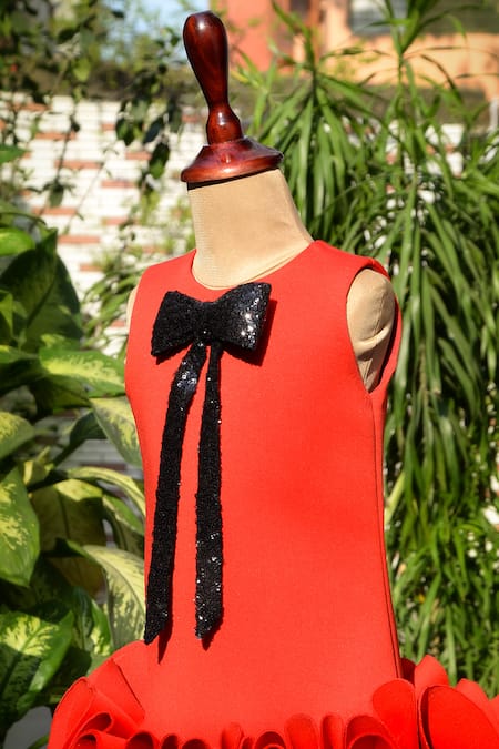 Toplove Red Neoprene, Cotton Sequins Cherry A-line Ruffle Dress Online at Aza Fashions Toplove_Red Neoprene, Cotton Sequins Cherry A-line Ruffle Dress _Online_at_Aza_Fashions