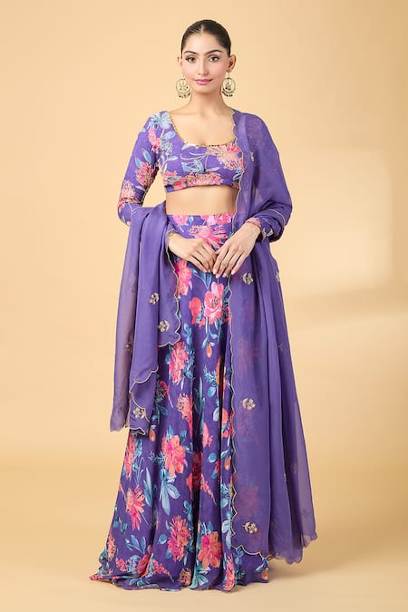 Kalakaari By Sagarika Purple Georgette Hand Embroidery Aari Floral Print Blouse And Lehenga Set For Kids