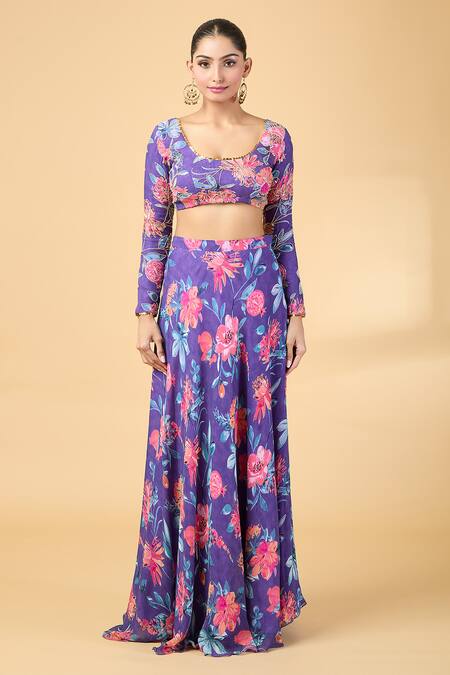 Kalakaari By Sagarika_Purple Georgette, Silk Organza Embroidery Floral Print Blouse And Lehenga Set _Online_at_Aza_Fashions