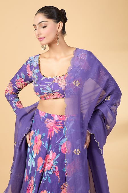 Kalakaari By Sagarika_Purple Georgette, Silk Organza Embroidery Floral Print Blouse And Lehenga Set _at_Aza_Fashions