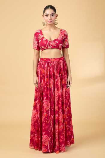 Kalakaari By Sagarika Maroon Georgette, Silk Organza Zari, Embroidery Zardosi Blouse And Lehenga Set Online at Aza Fashions Kalakaari By Sagarika_Maroon Georgette, Silk Organza Zari, Embroidery Zardosi Blouse And Lehenga Set _Online_at_Aza_Fashions