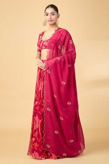 Shop Kalakaari By Sagarika Maroon Georgette, Silk Organza Zari, Embroidery Zardosi Blouse And Lehenga Set Online at Aza Fashions Shop_Kalakaari By Sagarika_Maroon Georgette, Silk Organza Zari, Embroidery Zardosi Blouse And Lehenga Set _Online_at_Aza_Fashions