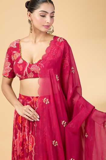 Kalakaari By Sagarika Maroon Georgette, Silk Organza Zari, Embroidery Zardosi Blouse And Lehenga Set at Aza Fashions Kalakaari By Sagarika_Maroon Georgette, Silk Organza Zari, Embroidery Zardosi Blouse And Lehenga Set _at_Aza_Fashions