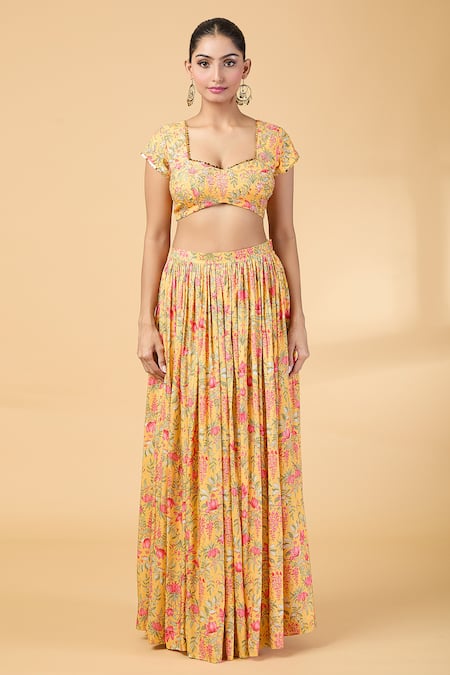Buy_Kalakaari By Sagarika_Yellow Organza, Embroidery, Zari Square Neck Blouse And Lehenga Set _Online_at_Aza_Fashions